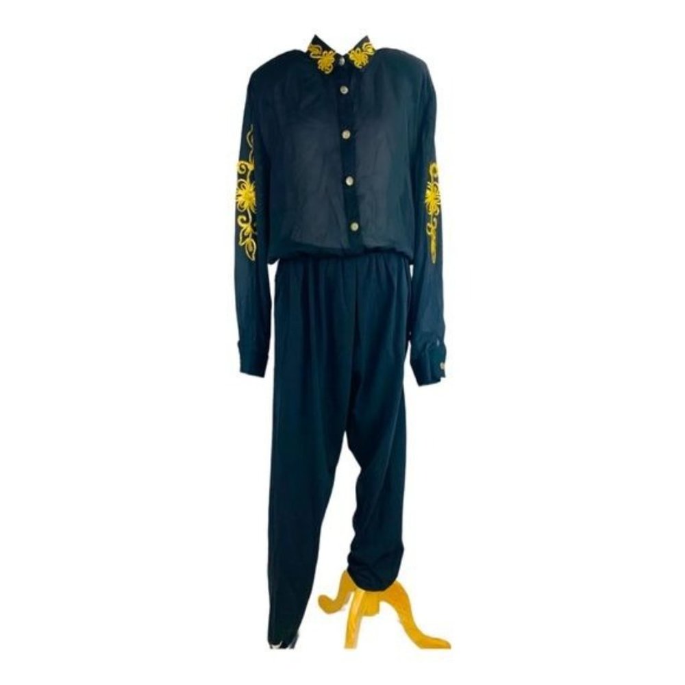80s Jumpsuit Stirrups PG Collection by Ginger Bort Romper Gold Embroidery XL - Picture 8 of 14